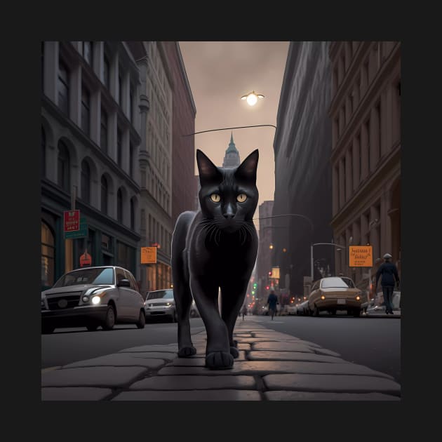 Digital art, Black Cat walking down a street in the city Sticker by MeatLuvers