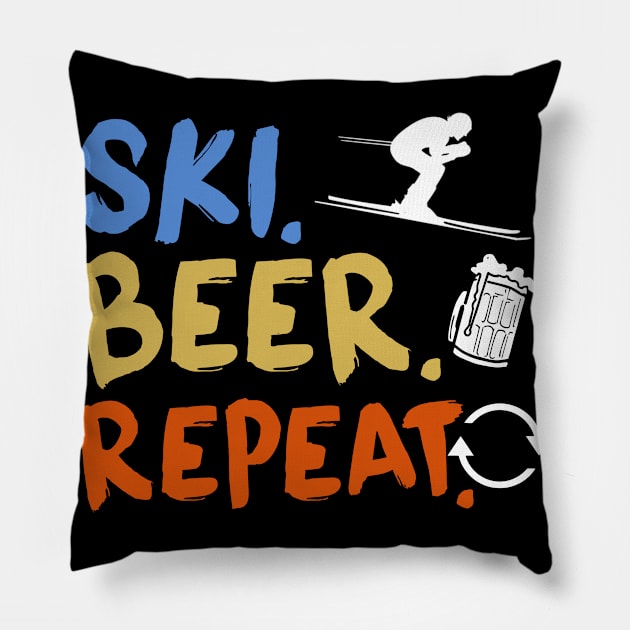 Ski Beer Repeat Funny Distressed Pillow by zellaarts