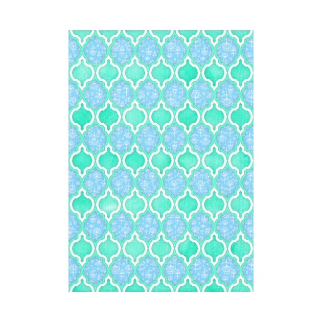 Moroccan Aqua Doodle pattern in mint green, blue & white by micklyn