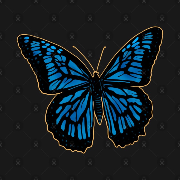 Blue and black Monarch butterfly drawing drawn with a yellow outline. by DaveDanchuk