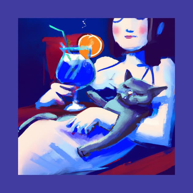 Vacation Lady Loves a Good Cocktail and Her Blue Cat by Star Scrunch