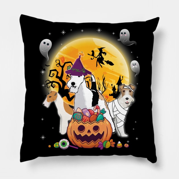 Wire Fox Terrier Dog Mummy Witch Moon Ghosts Happy Halloween Thanksgiving Merry Christmas Day Pillow by joandraelliot