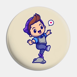 Cute Boy Stepping On The Rock Cartoon Pin