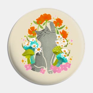 Gray Cat Mushroom and Flower Design: Enchanting Feline Flora Pin