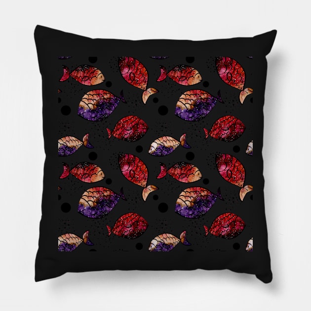 Watercolor Outer Space, Fish and Black Dots Pillow by Cordata