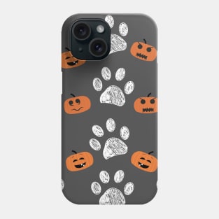 Doodle white paw prints with funny pumpkins Phone Case