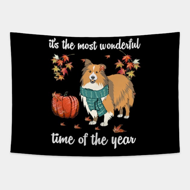 Sheltie Dog Autumn Fall Most Wonderful Time Maple Gift Tapestry by AstridLdenOs