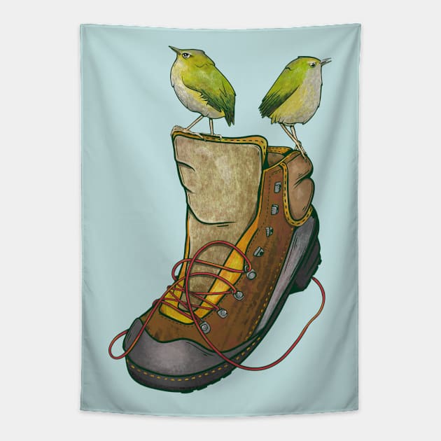 Rock wrens on an old boot Tapestry by mailboxdisco