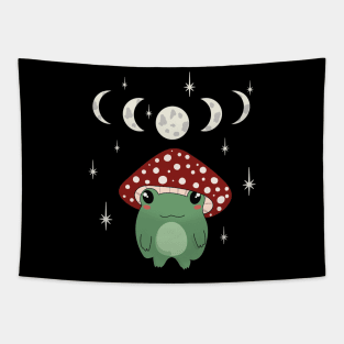 Mushroom Hat Kawaii Frog with Moon Phases Tapestry