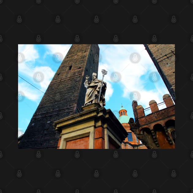 The Two Towers with the statue of St Petronius in Bologna by KristinaDrozd