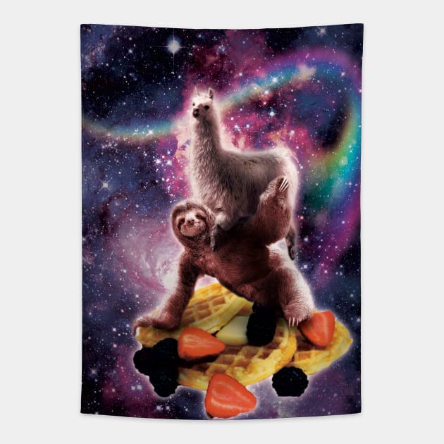 Llama Riding Sloth on Waffles Tapestry by Random Galaxy