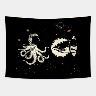 Shark and octopus encounter in space Tapestry