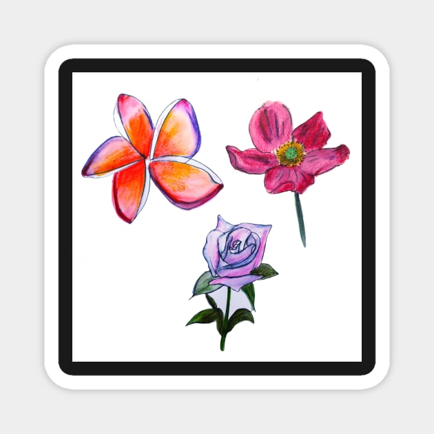 Anemone, Pinwheel, Rose Watercolor Flowers Magnet by julyperson