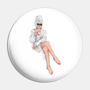 Beauty Woman with Coffee in White Robe Pin