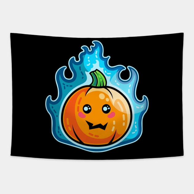 Kawaii Cute Flaming Pumpkin Tapestry by freeves