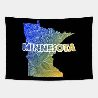 Colorful mandala art map of Minnesota with text in blue and yellow Tapestry