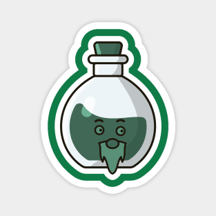 Potion Bottle with Cartoon Character Sticker vector illustration. Science object icon concept. Handsome cartoon with Potion sticker vector design. Cartoon character drink design. Magnet