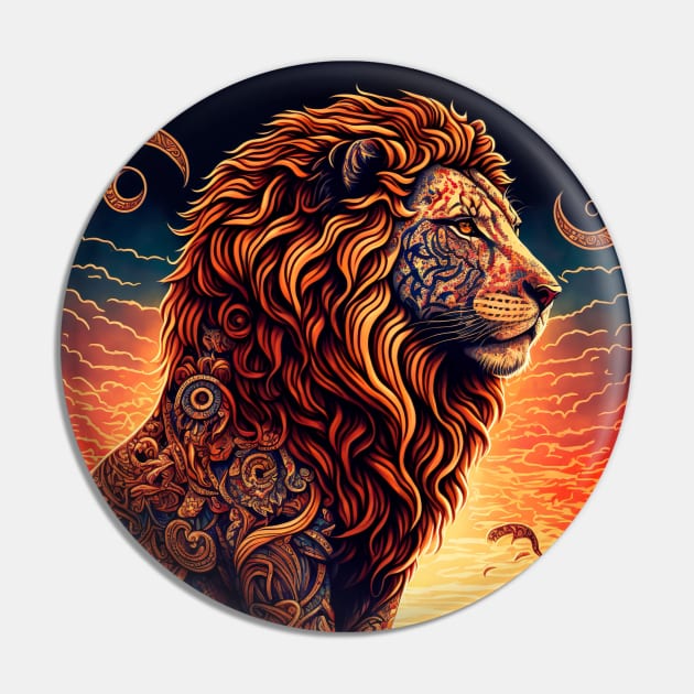 Lion and Mountain Sunset Scene Pin by GozuDesigns