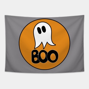 Cute ghost cartoon BOO text in an orange circle frame Tapestry