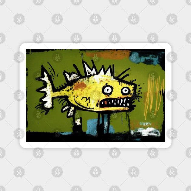 Vibrant Puffer Fish in Yellow and Green Neo-Expressionist Painting Magnet by Walter WhatsHisFace