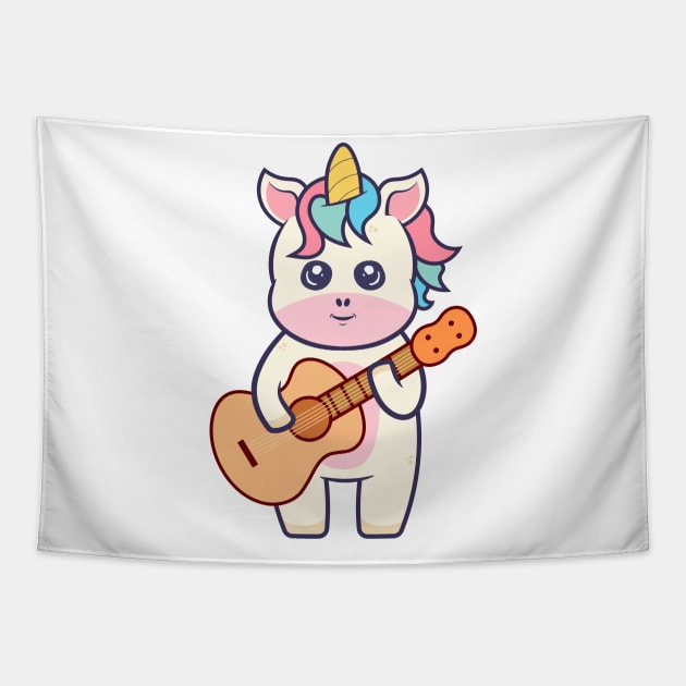 Kawaii Unicorn Playing Acoustic Guitar Cartoon Tapestry by RayanPod