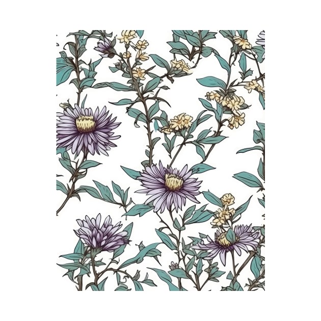 New England Aster Flower Pattern - Wildflower Illustration by Floral Decor Shop