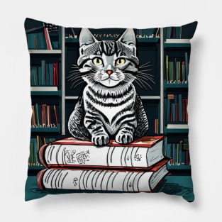 Adorable Cat in the Library Pillow