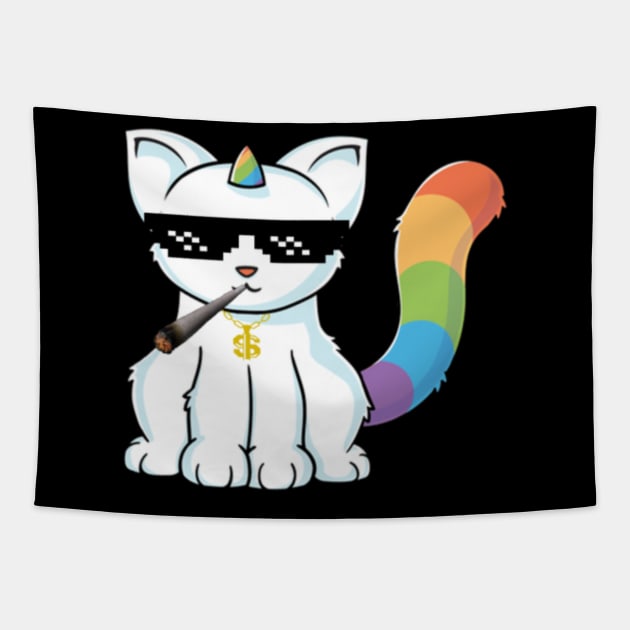 weed smoking unicorn cat Tapestry by Nulian Sanchez