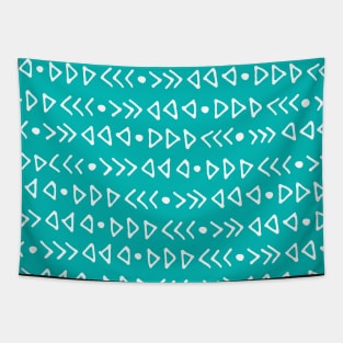 Teal Blue and White Hand Drawn Modern Triangles Pattern Tapestry