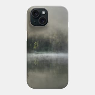 Misty Lake 2. Amazing shot of a wooden house in the Ferchensee lake in Bavaria, Germany, in front of a mountain belonging to the Alps. Scenic foggy morning scenery at sunrise. Phone Case