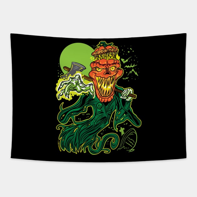 Pumpkin Headed ghost with an ax floating in the cemetery Tapestry by eShirtLabs