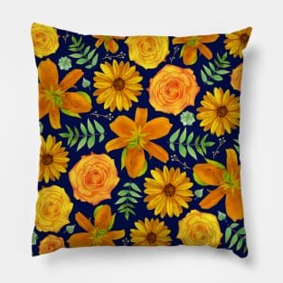 Tigerlilies, Roses, Sunflowers, Leaves, Succulents, and Flowers in Golden Orange and Yellow Pillow