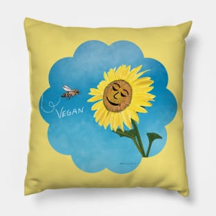 Be Vegan Bee Visits Smiling Sunflower Pillow