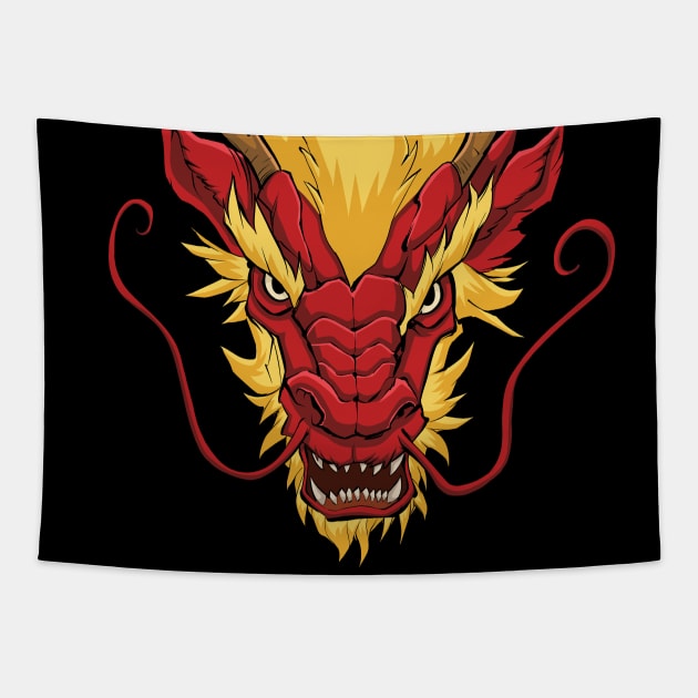 Chinese Dragon Head Red Tapestry by Malchev