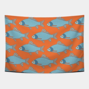 Blue and Orange Tropical Fish Shoal Pattern Tapestry