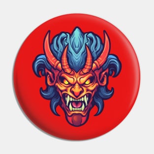 Horned demon face, red and blue Pin