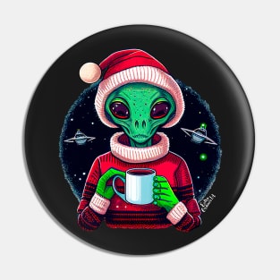 Christmas Funny Alien Drinking Coffee Wearing Sweater Pin