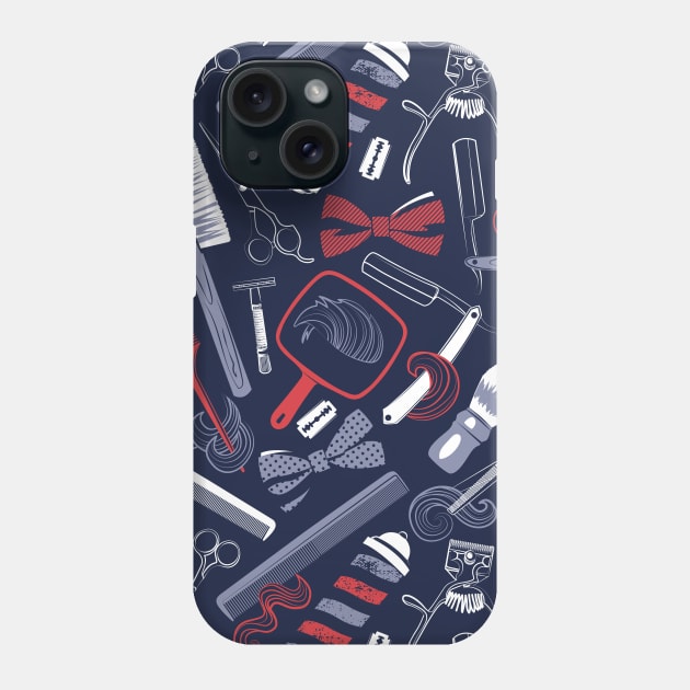 Shear shave shine // pattern // midnight blue background red white and blue vintage barber shop tools Phone Case by SelmaCardoso