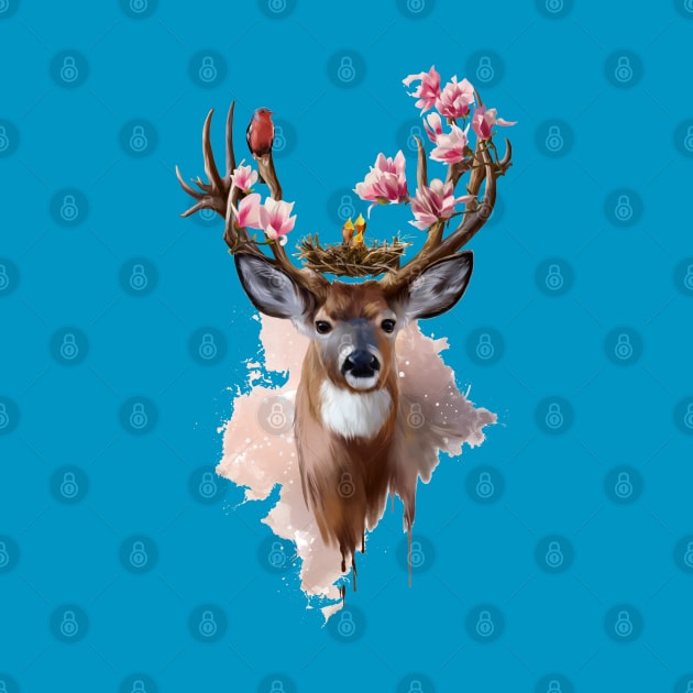 Deer with bird and flowers by stark.shop