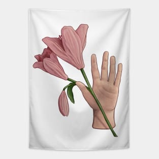 Open Hand with Pink Lilies Tapestry