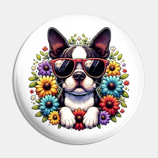 Cool Boston Terrier And Flowers Pin