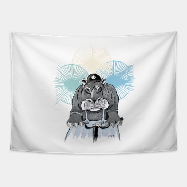 hippo on bike Tapestry by msmart