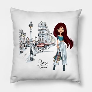 Vector fashion girl in Paris Pillow