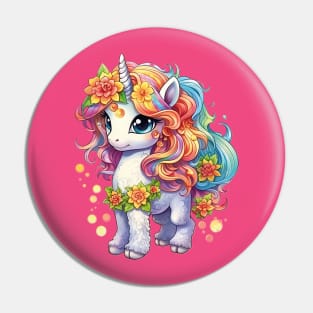 Majestic Harmony: Beautiful Unicorn with Colorful Flowing Mane and Flowers Design Pin