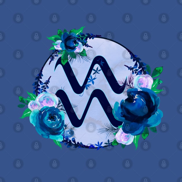 Aquarius Zodiac Horoscope Blue Floral Monogram by bumblefuzzies