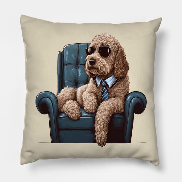 Cool Golden Doodle Stock Trader Sitting on a Lounge Chair Pillow by Bee's Pickled Art