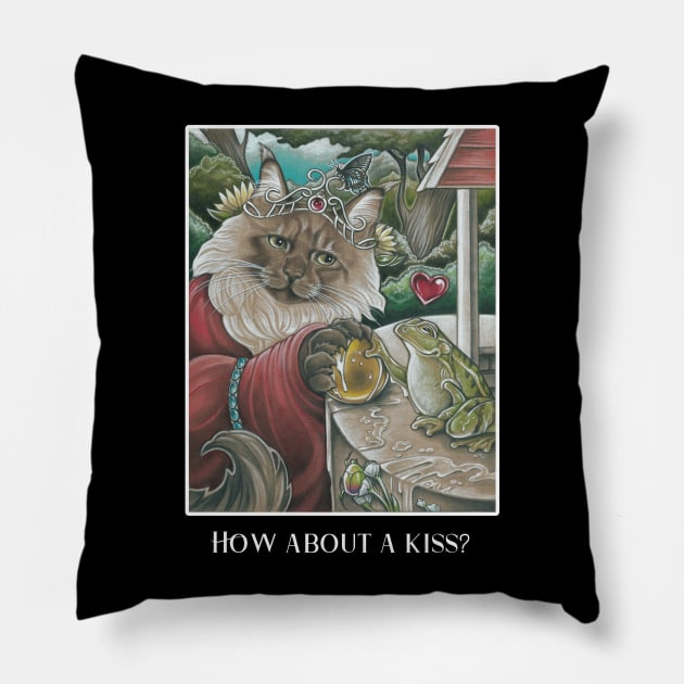 The Frog Princess Cat - How About A Kiss? - White Outlined Version Pillow by Nat Ewert Art