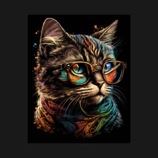 Retro Cat Art Wearing Glasses Splash Abstract Vibe Watercolor Vintage T-Shirt