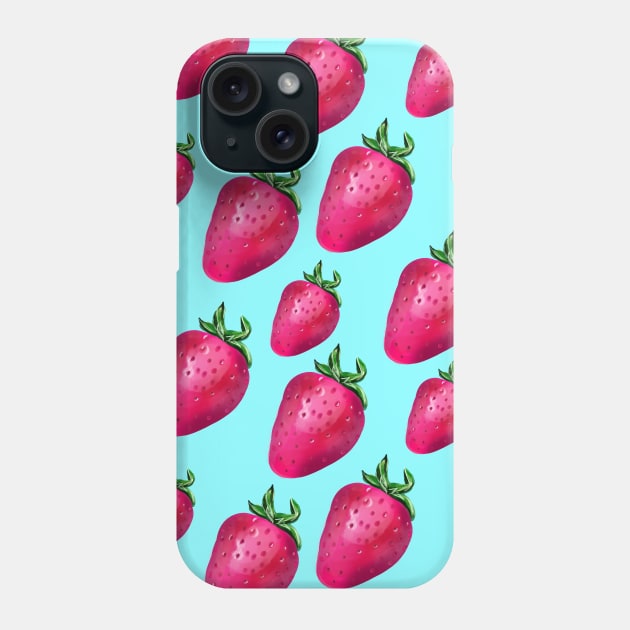 Fun Strawberry Pattern (Light Blue Background, Large Scale) Phone Case by KelseyLovelle