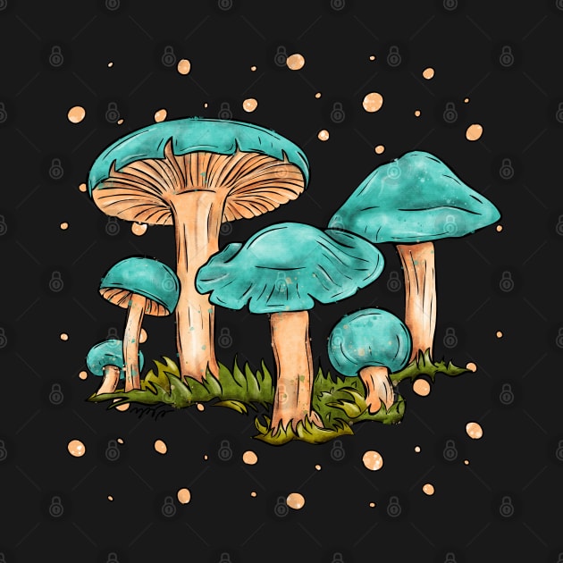 Bright blue mushrooms, cartoonish cottagecore art by NadiaChevrel